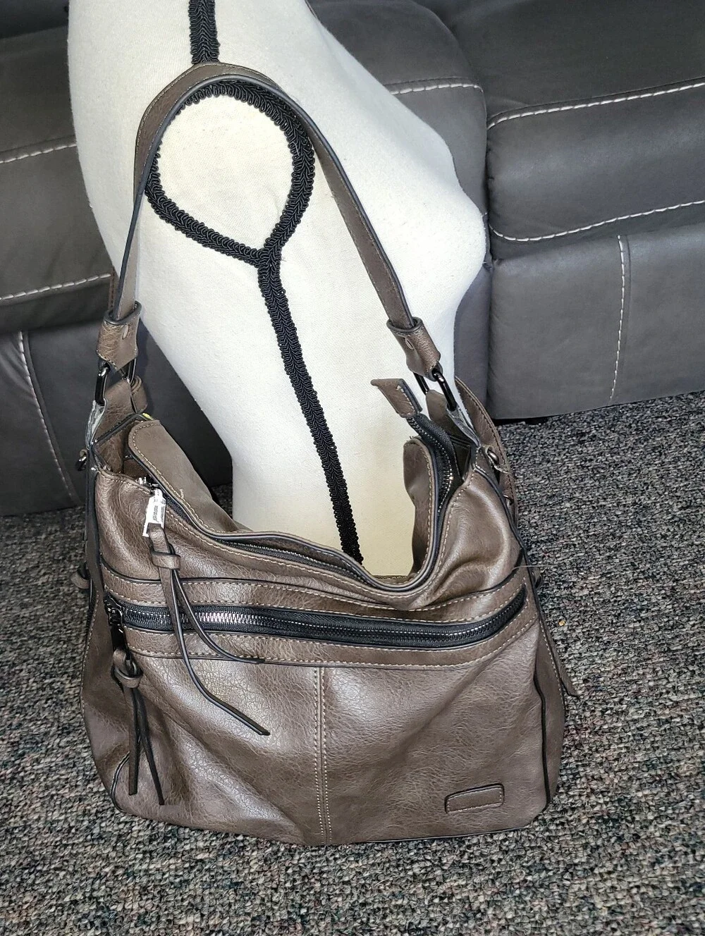 Brown Leather-Style Hobo Shoulder Bag - Casual Everyday